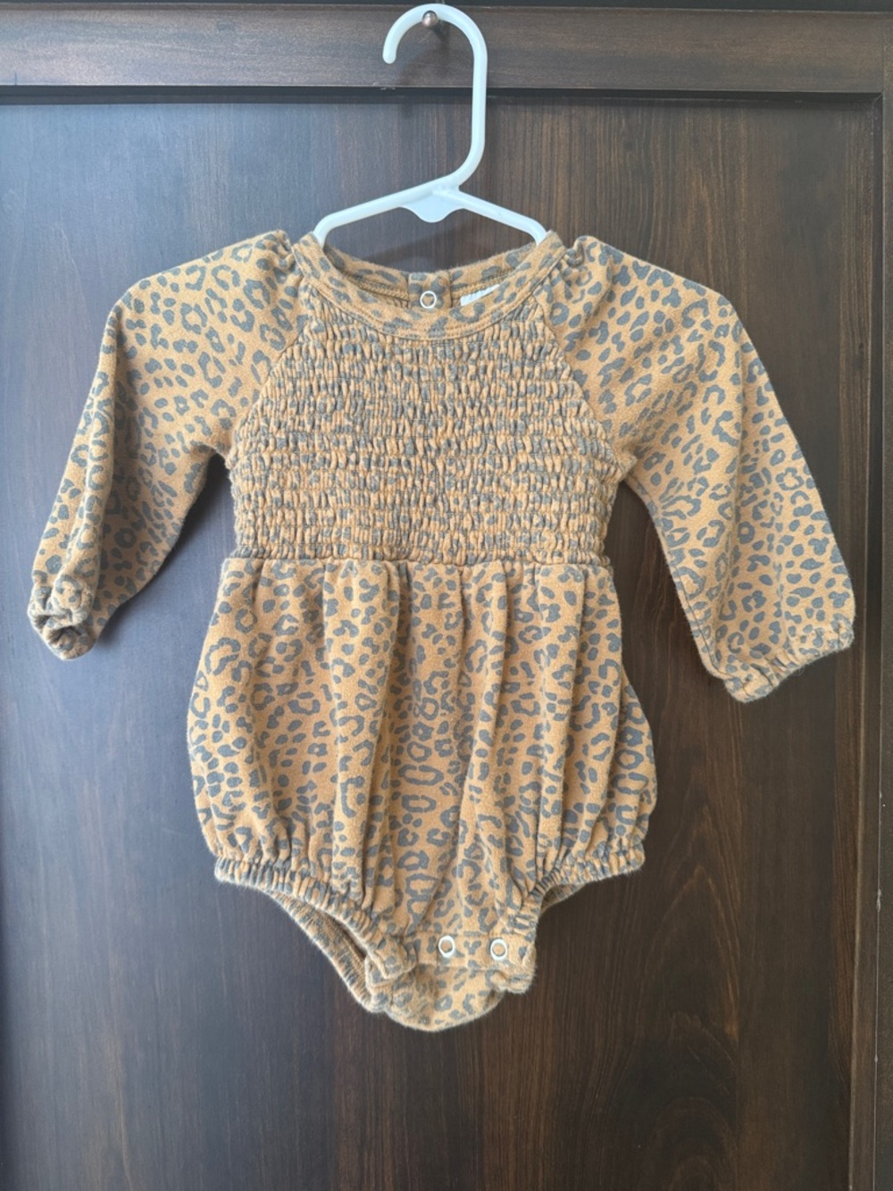 kate quinn Leopard Smocked Long-Sleeve One-Piece Romper - Tan and Gray